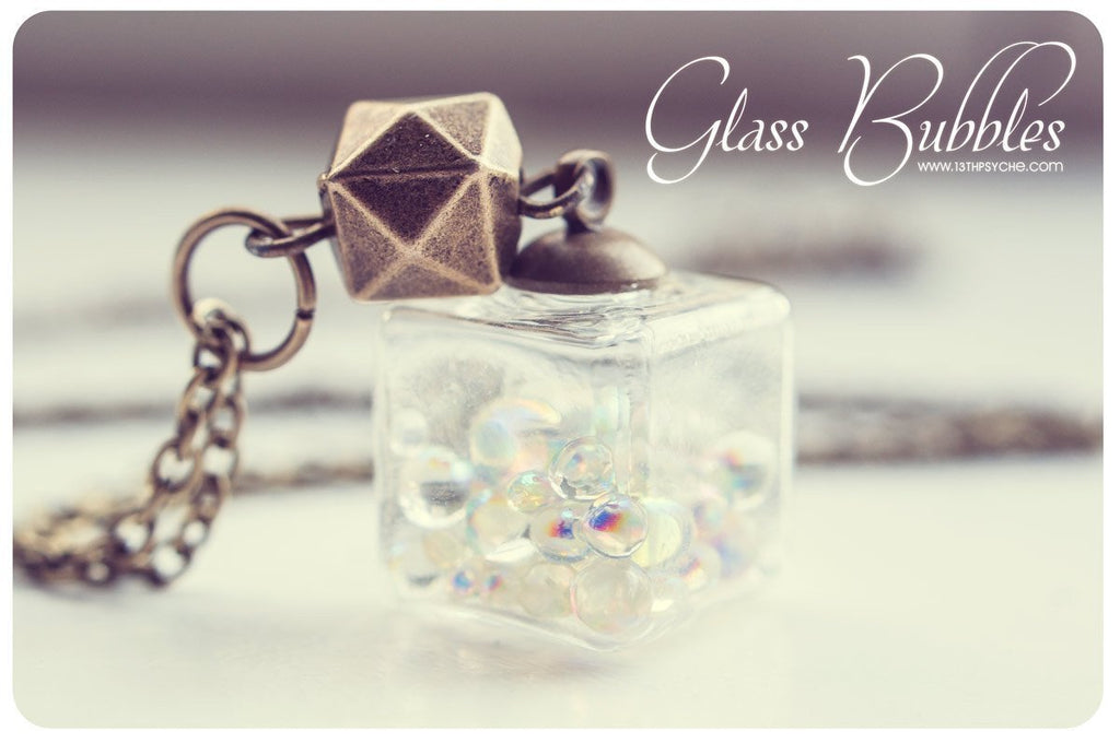 Handmade Iridescent bubbles glass cube pendant necklace - 13th Psyche