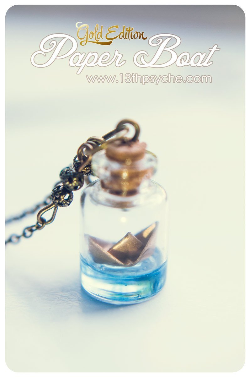 Handmade Golden origami paper boat bottle pendant necklace - 13th Psyche