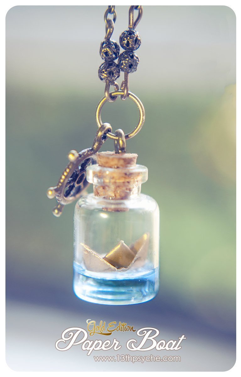 Handmade Golden origami paper boat bottle pendant necklace - 13th Psyche