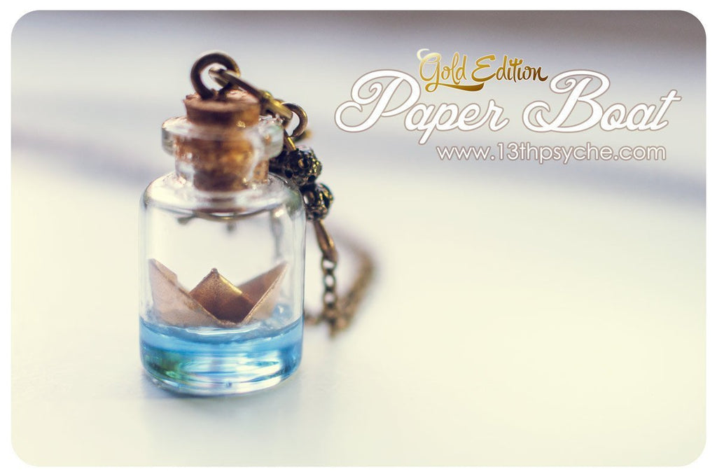 Handmade Golden origami paper boat bottle pendant necklace - 13th Psyche