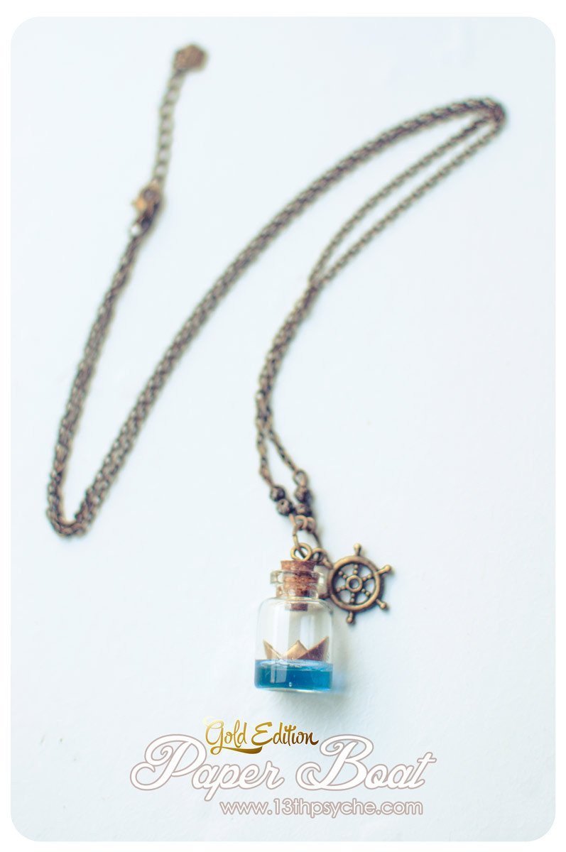 Handmade Golden origami paper boat bottle pendant necklace - 13th Psyche