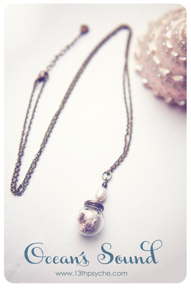 Handmade Pearl and shells glass globe pendant necklace - 13th Psyche