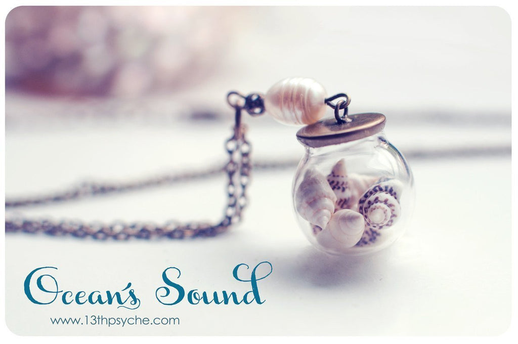 Handmade Pearl and shells glass globe pendant necklace - 13th Psyche