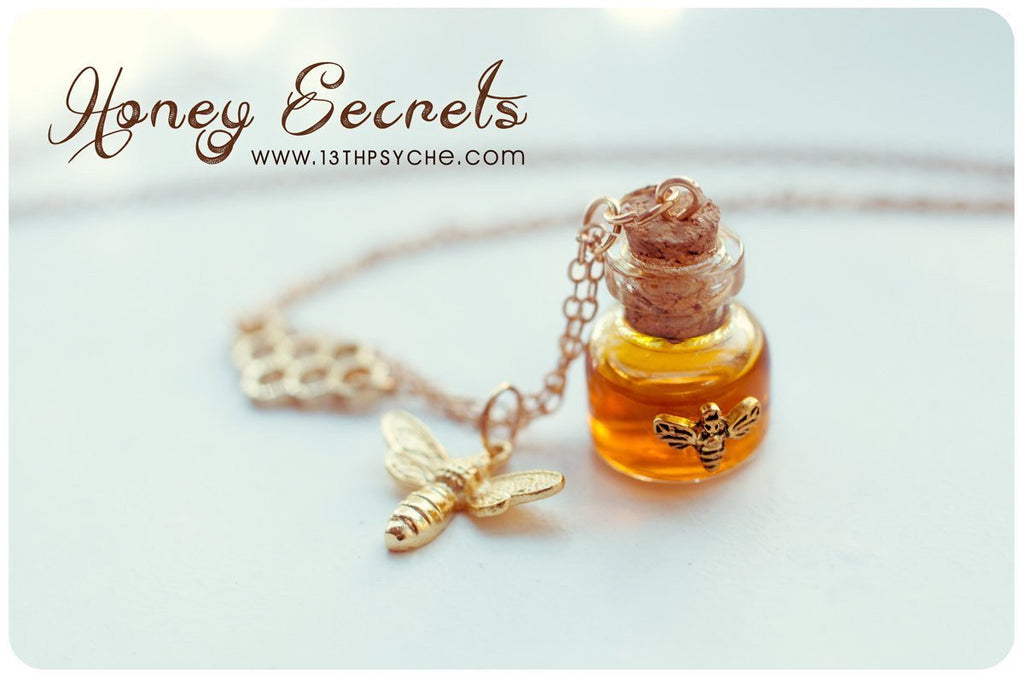 Handmade Honey bee and honeycomb bottle necklace - 13th Psyche