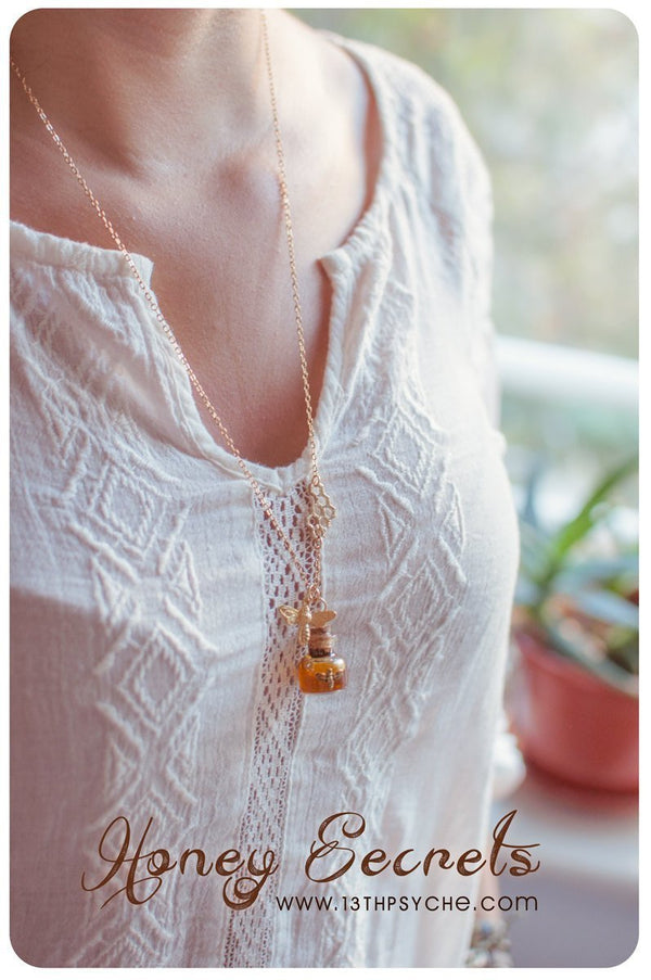 Handmade Honey bee and honeycomb bottle necklace - 13th Psyche