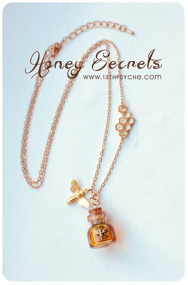 Handmade Honey bee and honeycomb bottle necklace - 13th Psyche