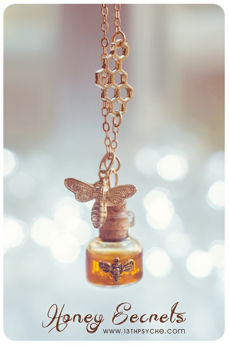 Handmade Honey bee and honeycomb bottle necklace - 13th Psyche