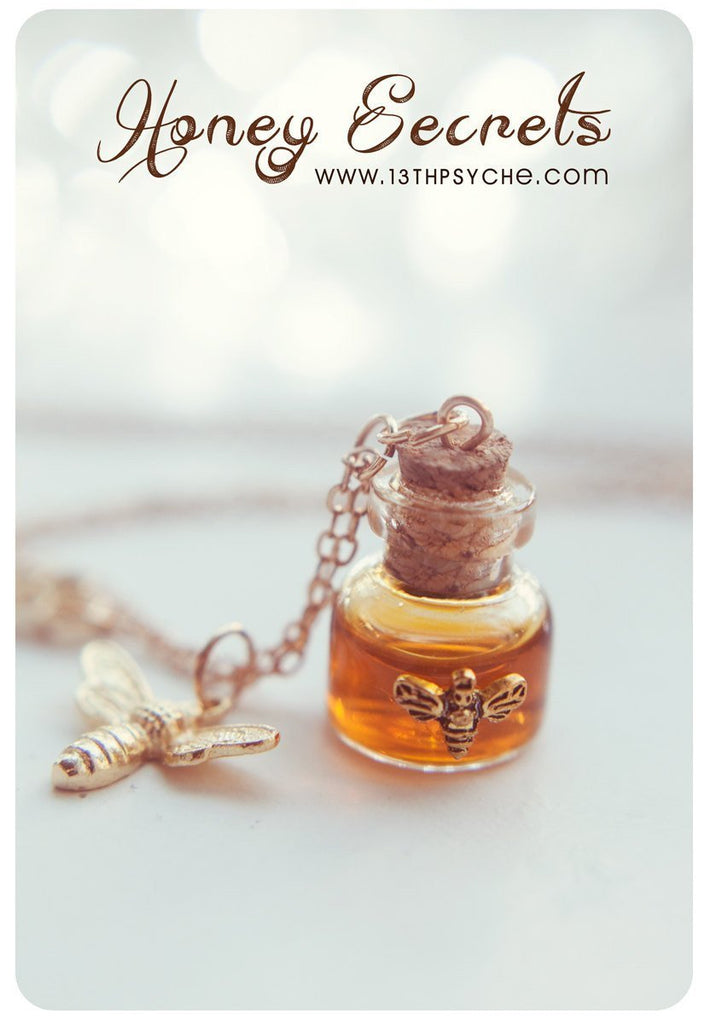 Handmade Honey bee and honeycomb bottle necklace - 13th Psyche