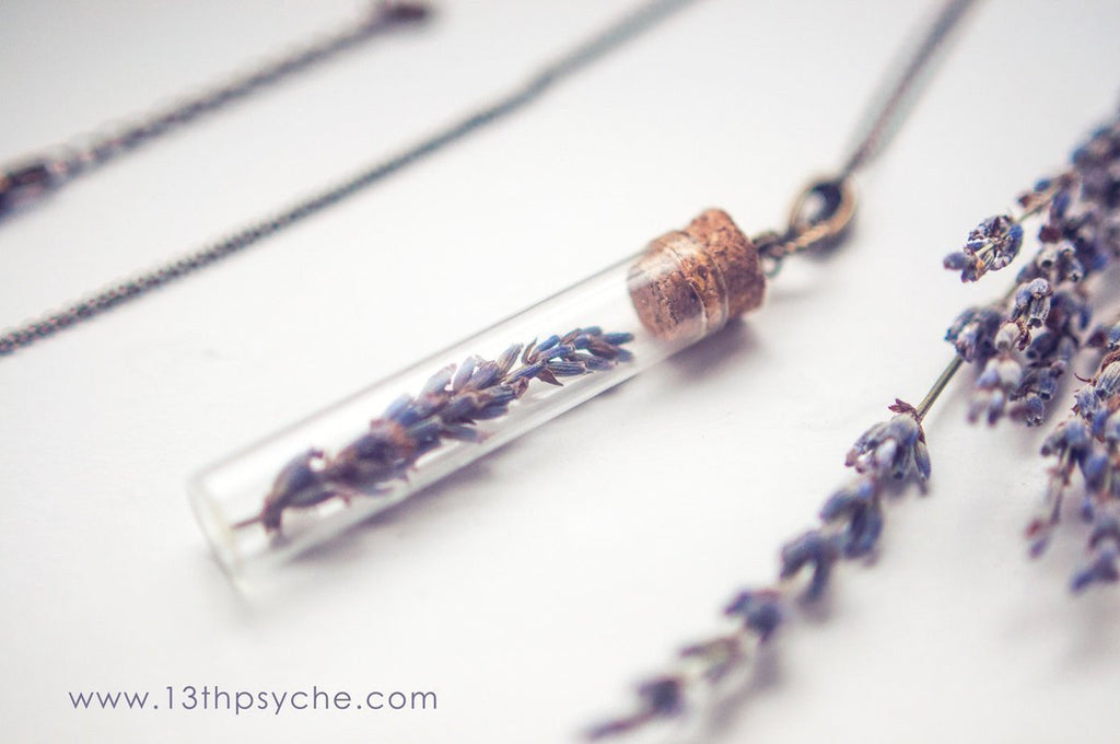 Handmade Real dried lavender vial pendant necklace - 13th Psyche
