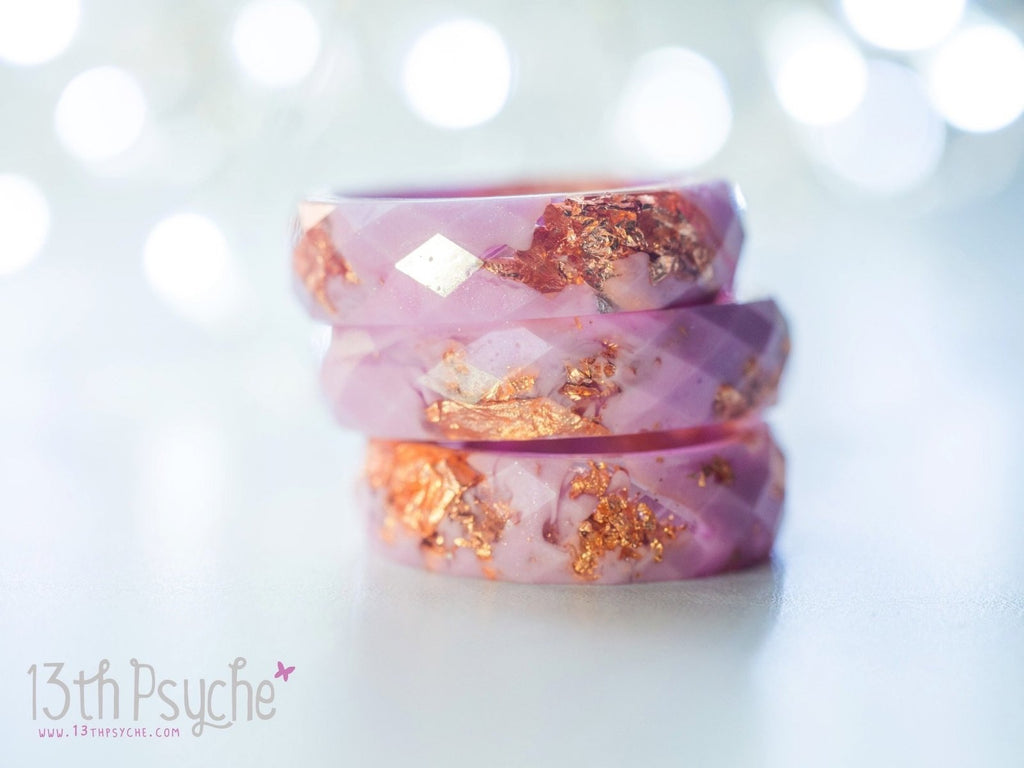 Handmade Pink and rose gold flakes faceted resin ring - 13th Psyche
