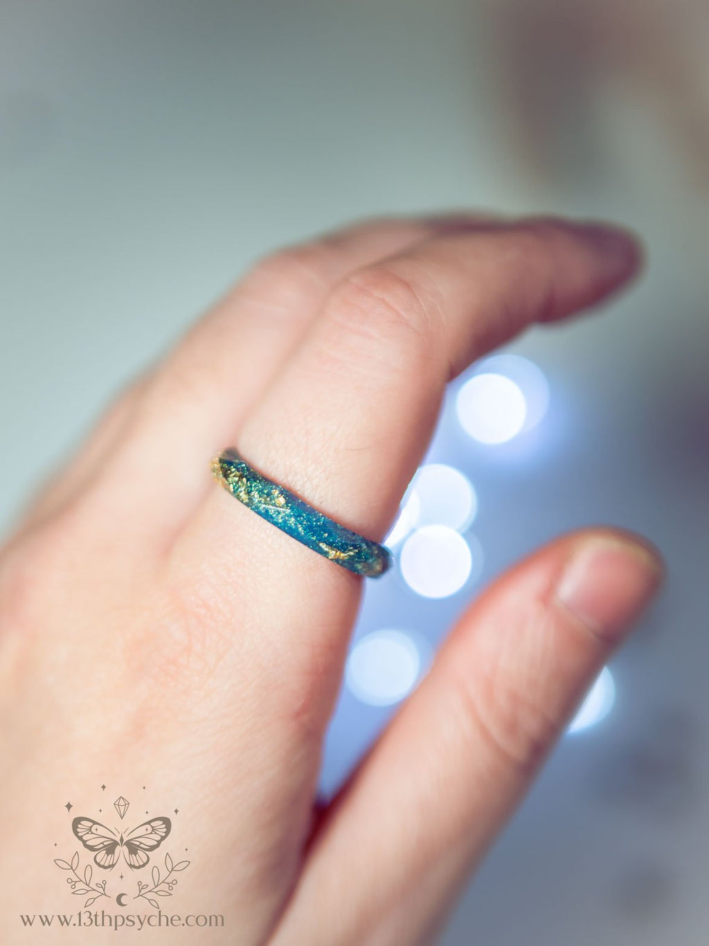 Handmade Iridescent blue faceted resin ring with gold metal flakes - 13th Psyche
