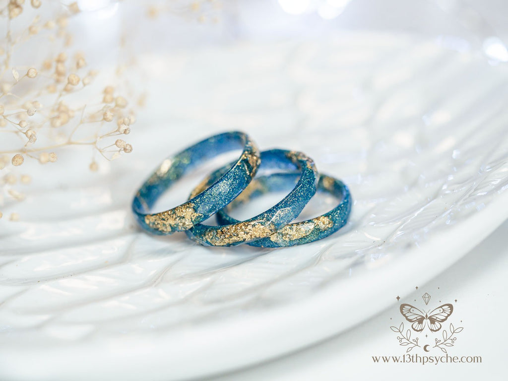 Handmade Iridescent blue faceted resin ring with gold metal flakes - 13th Psyche