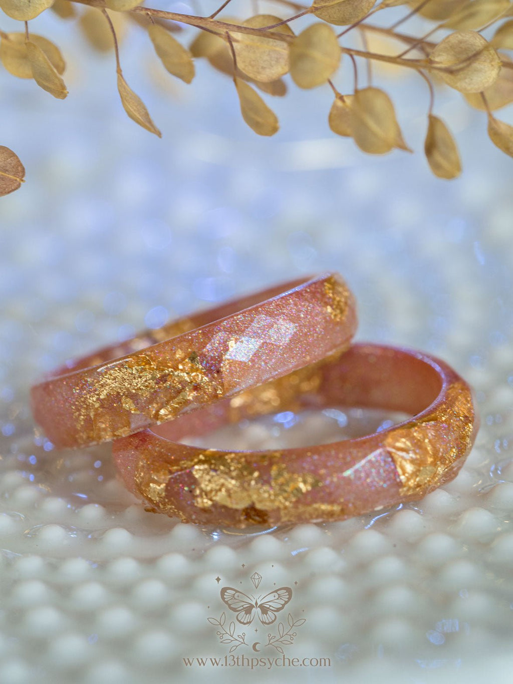 Handmade Iridescent pink faceted resin ring with gold metal flakes - 13th Psyche