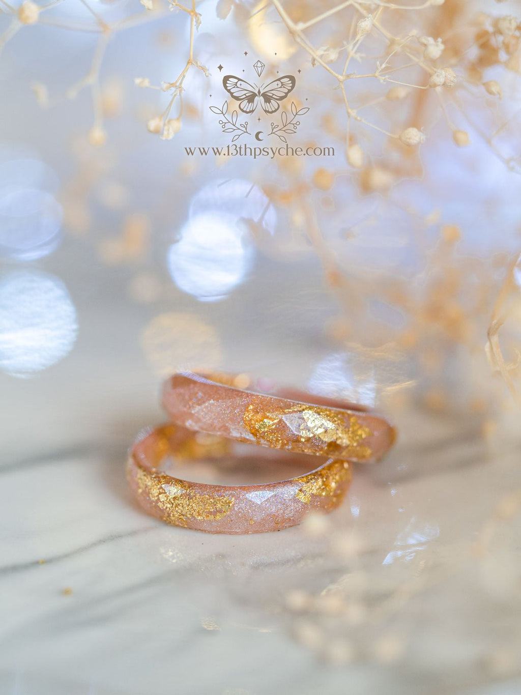 Handmade Iridescent pink faceted resin ring with gold metal flakes - 13th Psyche