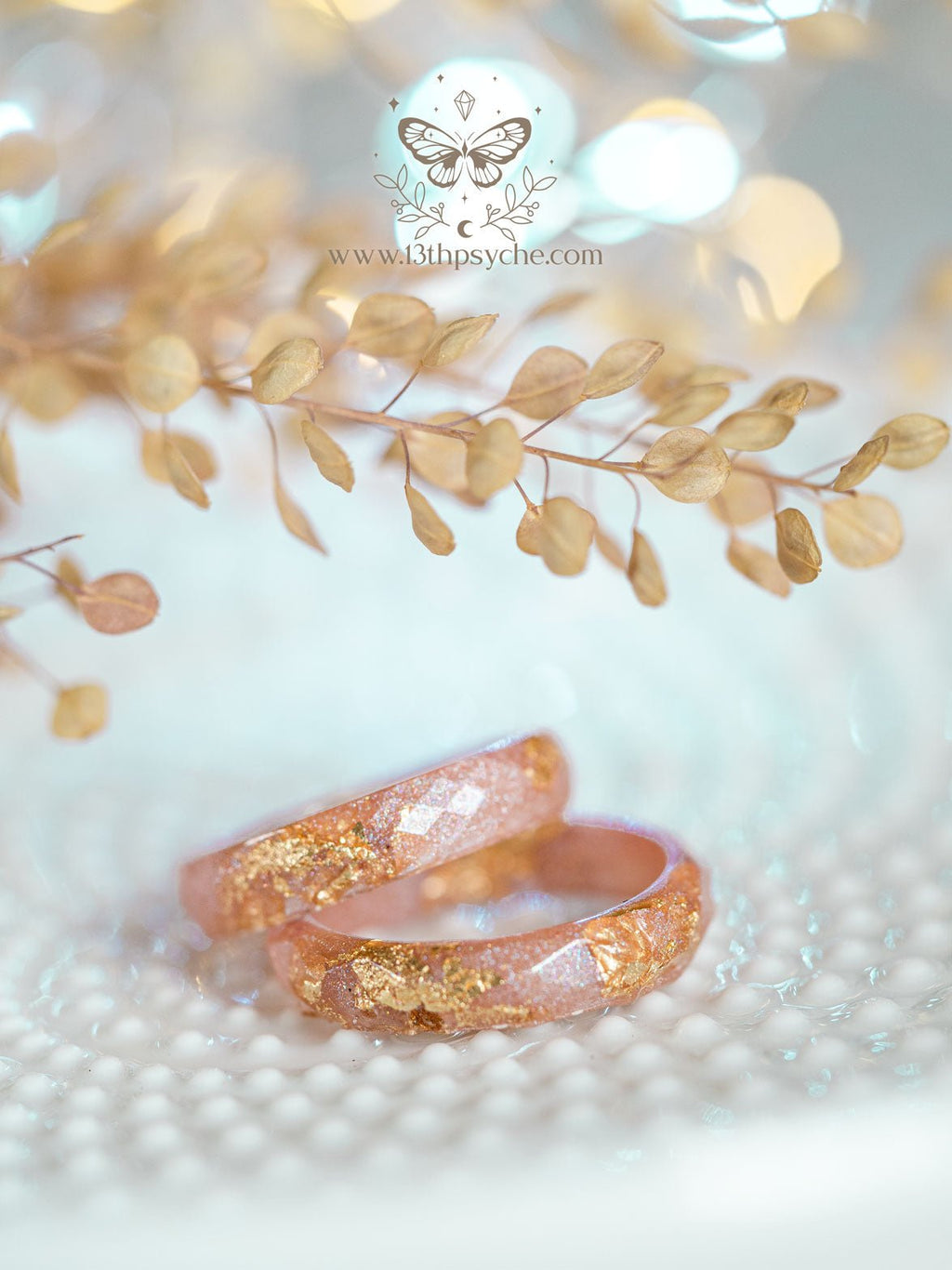 Handmade Iridescent pink faceted resin ring with gold metal flakes - 13th Psyche