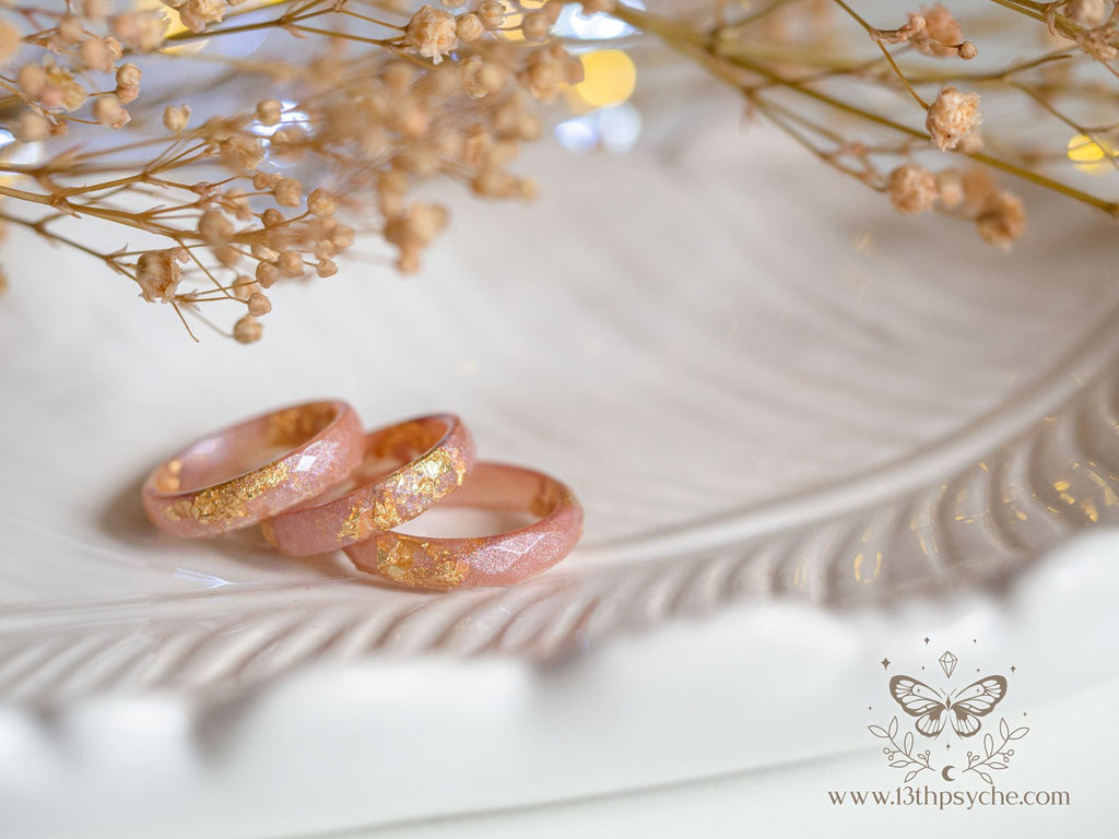 Handmade Iridescent pink faceted resin ring with gold metal flakes - 13th Psyche