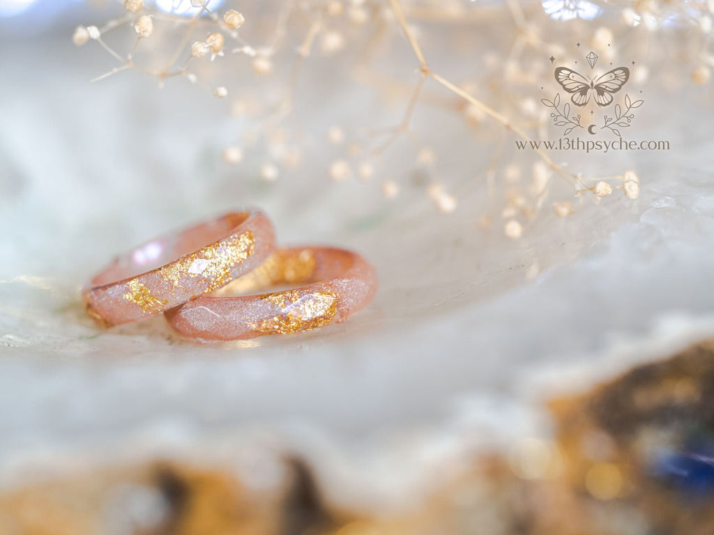 Handmade Iridescent pink faceted resin ring with gold metal flakes - 13th Psyche