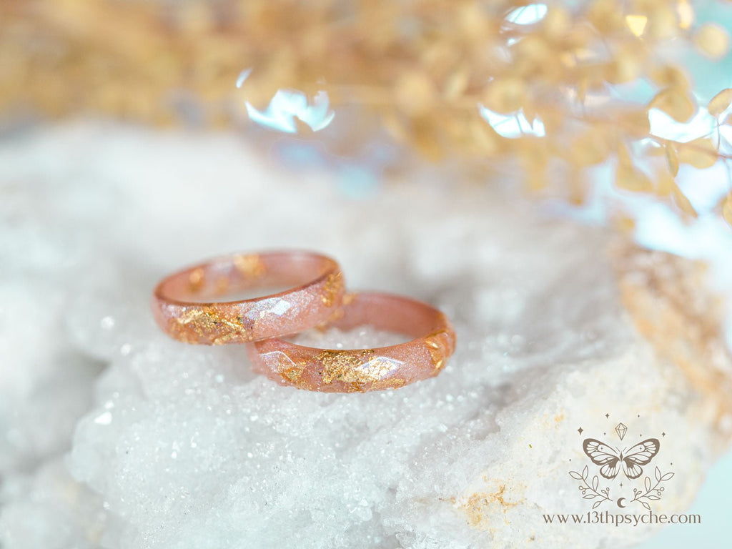 Handmade Iridescent pink faceted resin ring with gold metal flakes - 13th Psyche