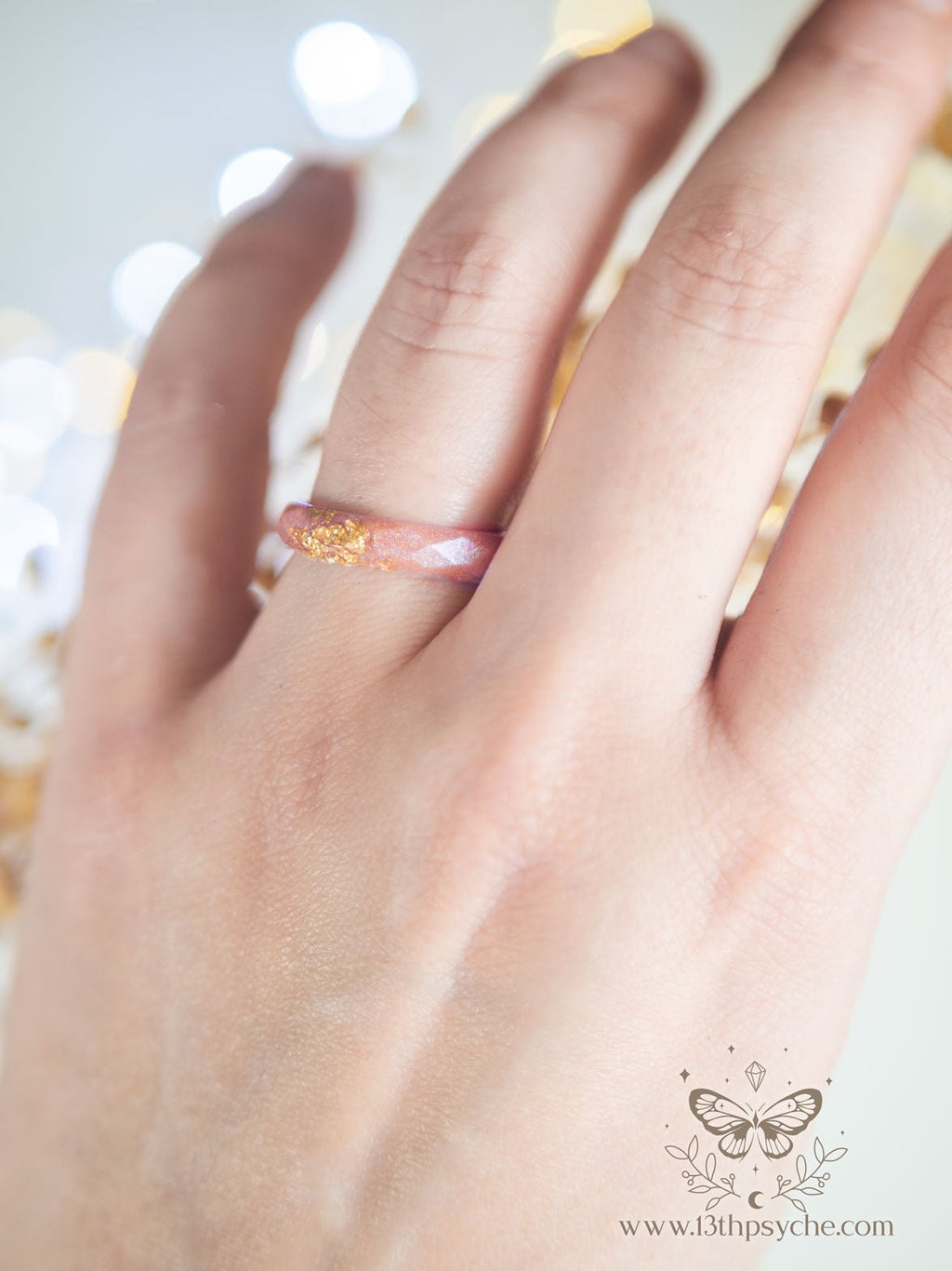 Handmade Iridescent pink faceted resin ring with gold metal flakes - 13th Psyche