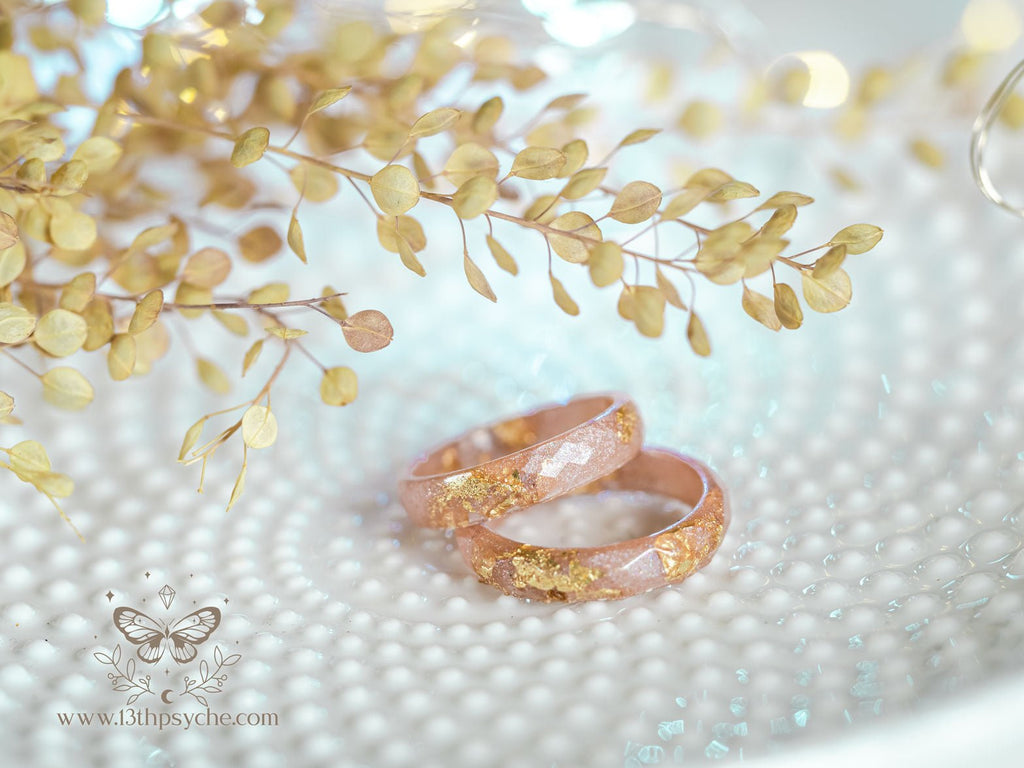 Handmade Iridescent pink faceted resin ring with gold metal flakes - 13th Psyche