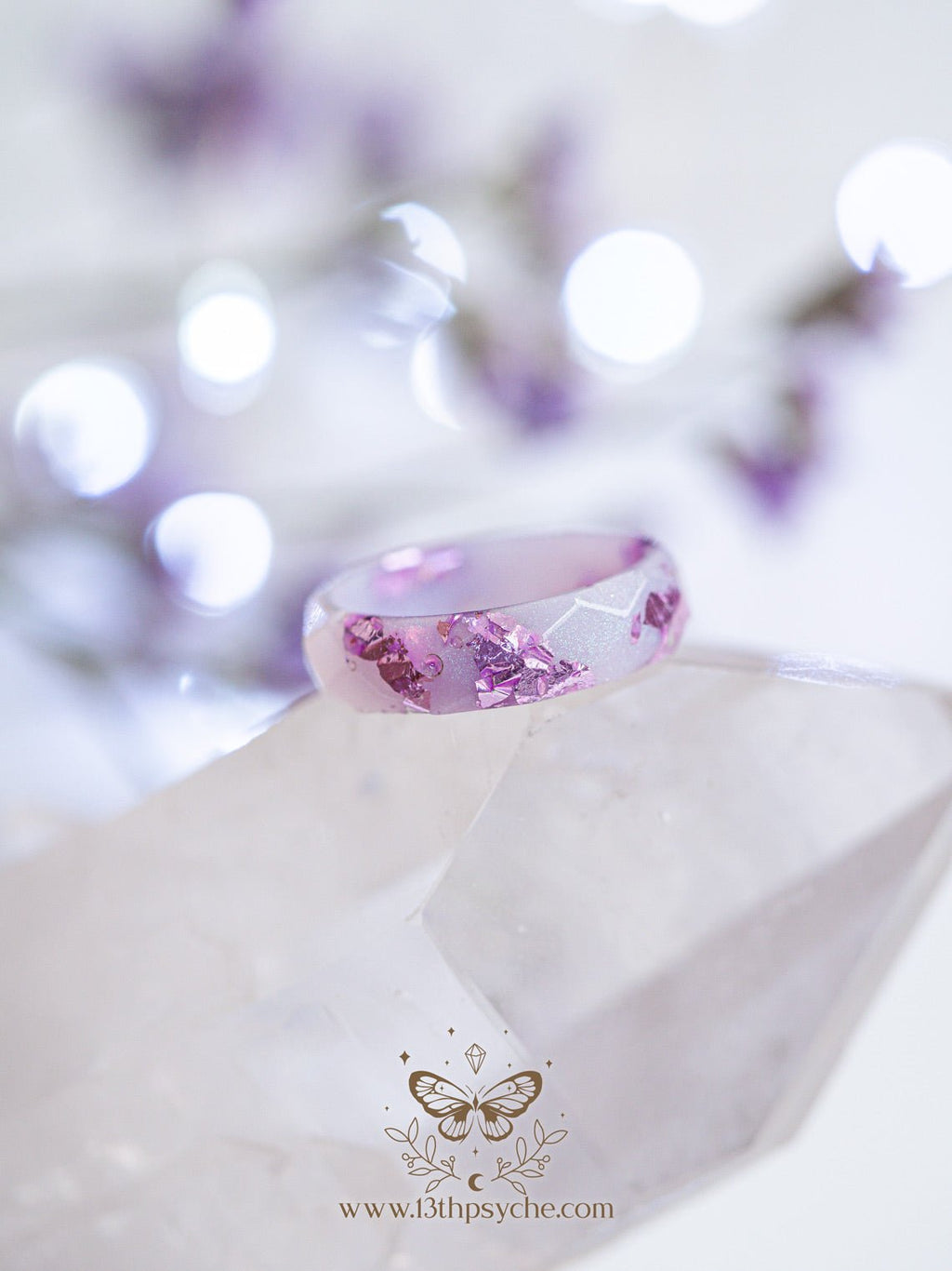 Handmade Lilac and lavender flakes faceted resin ring - 13th Psyche