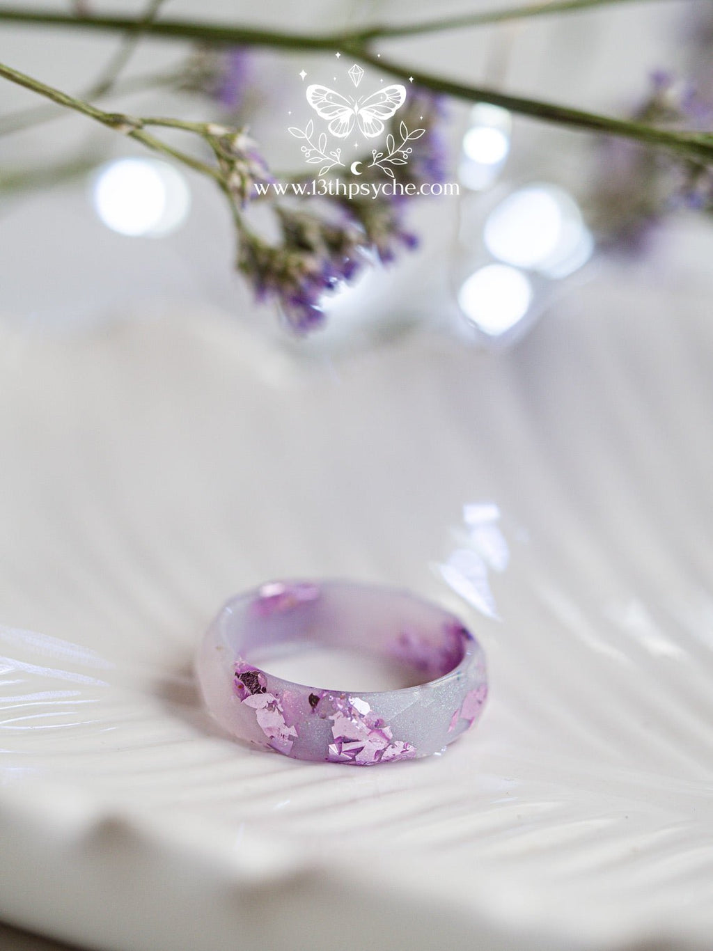 Handmade Lilac and lavender flakes faceted resin ring - 13th Psyche
