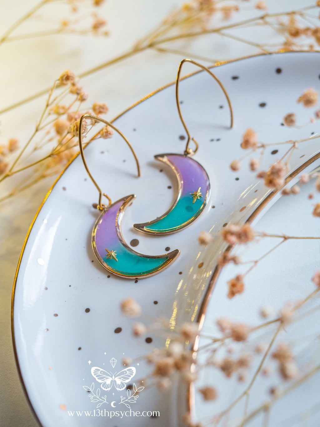 Handmade Lilac and turquoise dangle crescent moon earrings - 13th Psyche