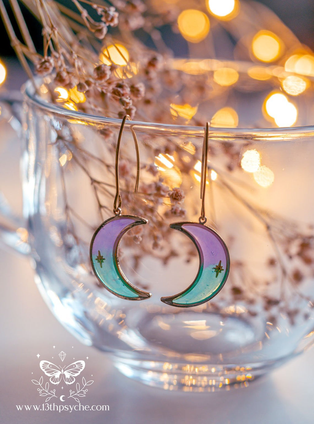 Handmade Lilac and turquoise dangle crescent moon earrings - 13th Psyche