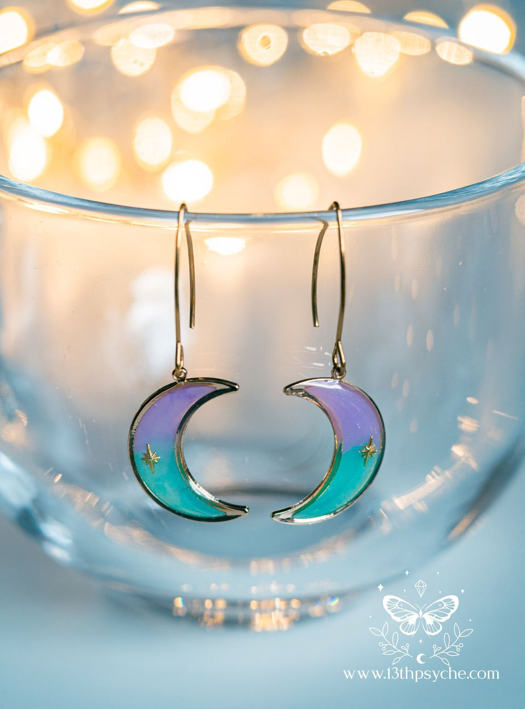 Handmade Lilac and turquoise dangle crescent moon earrings - 13th Psyche