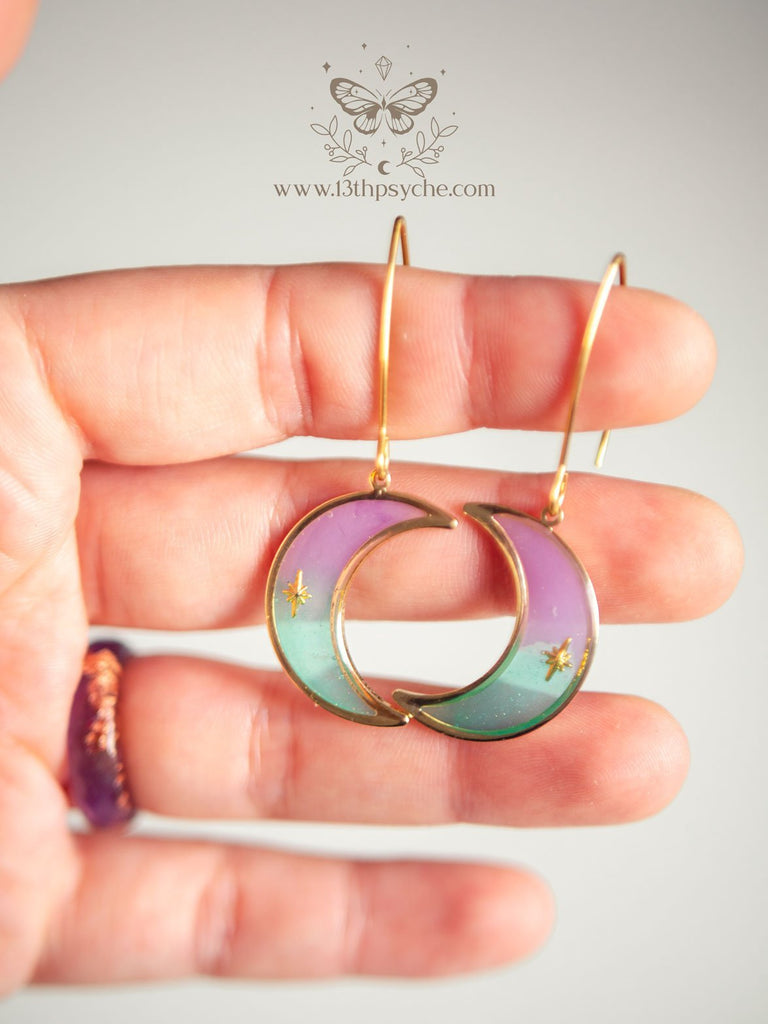 Handmade Lilac and turquoise dangle crescent moon earrings - 13th Psyche