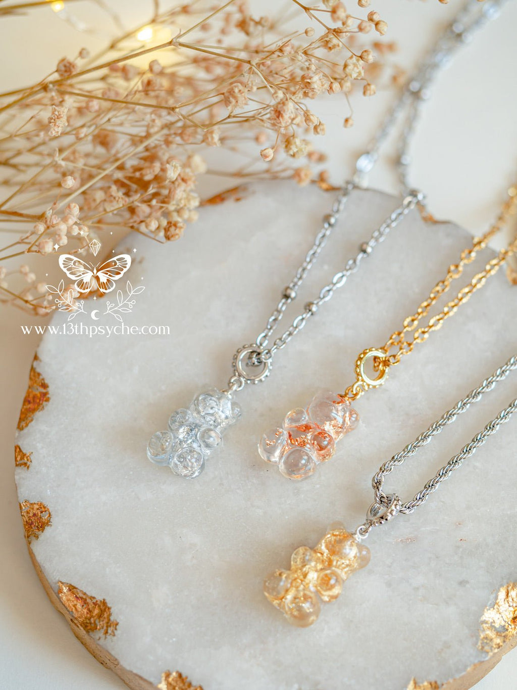 Handmade Metal flakes crystal clear gummy bear Necklace - 13th Psyche