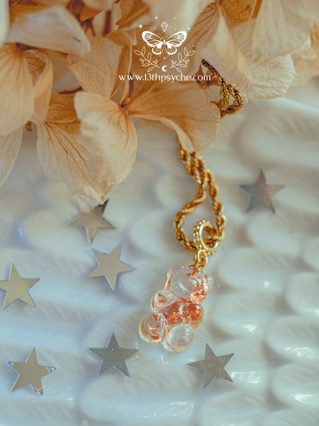 Handmade Metal flakes crystal clear gummy bear Necklace - 13th Psyche