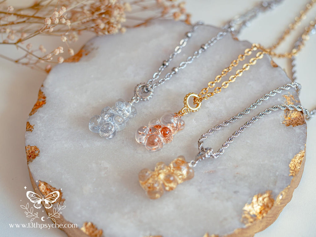 Handmade Metal flakes crystal clear gummy bear Necklace - 13th Psyche