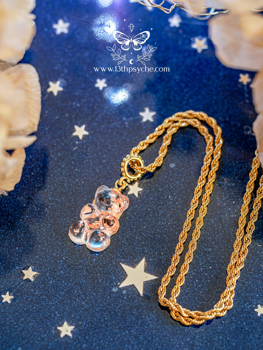 Handmade Metal flakes crystal clear gummy bear Necklace - 13th Psyche