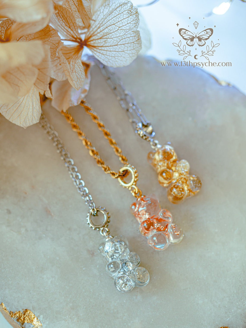 Handmade Metal flakes crystal clear gummy bear Necklace - 13th Psyche