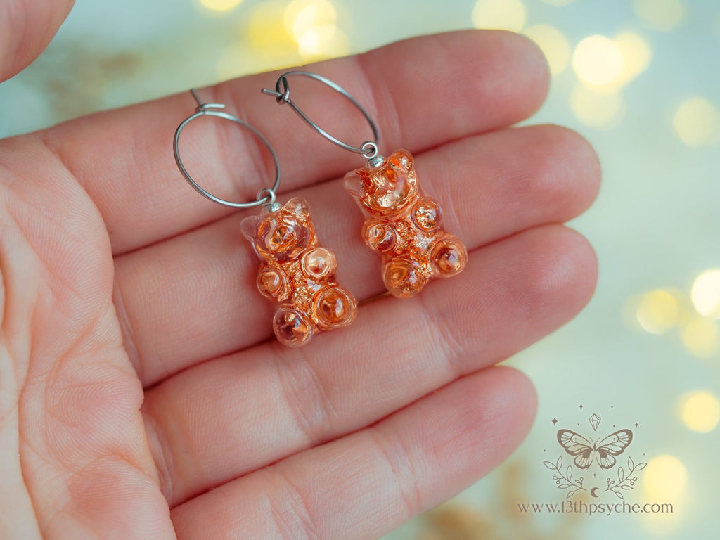 Handmade Metal flakes Gummy bear hoop earrings - 13th Psyche