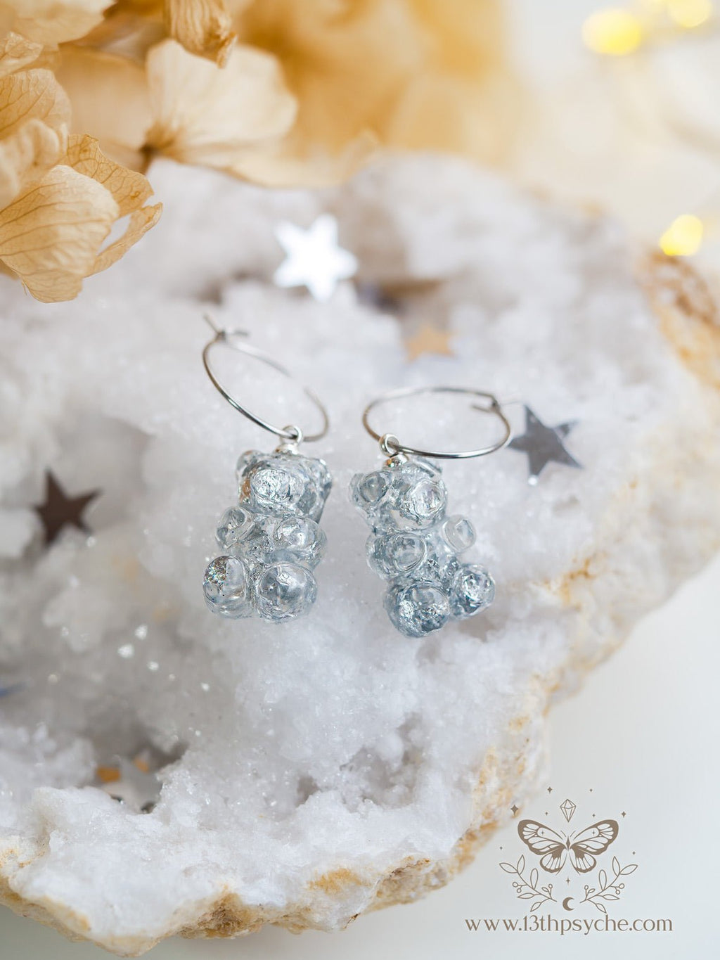 Handmade Metal flakes Gummy bear hoop earrings - 13th Psyche