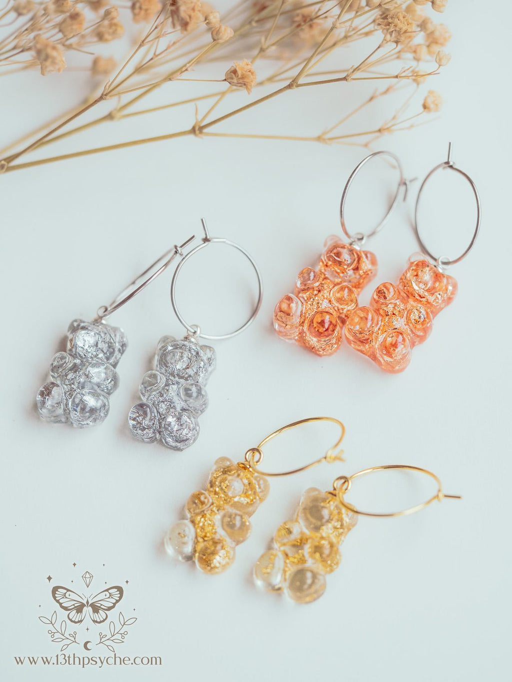 Handmade Metal flakes Gummy bear hoop earrings - 13th Psyche