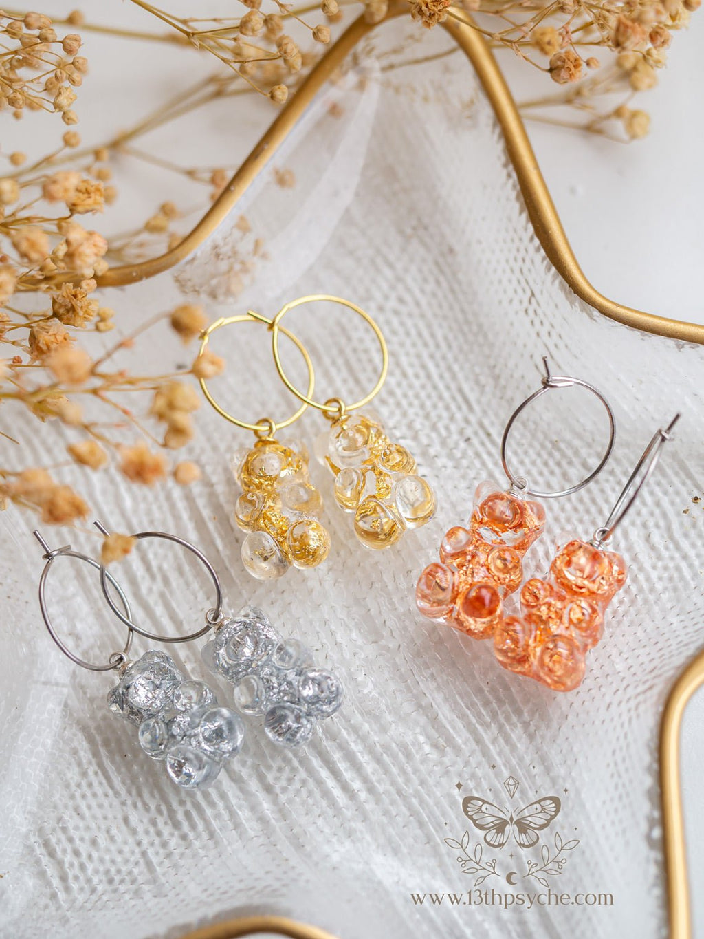 Handmade Metal flakes Gummy bear hoop earrings - 13th Psyche