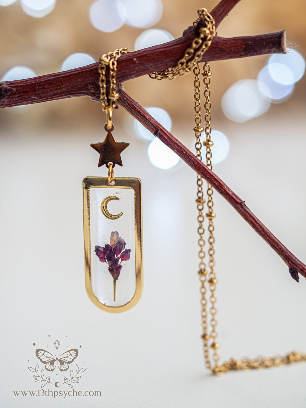 Handmade Moon and pink dried flower resin pendant necklace - 13th Psyche