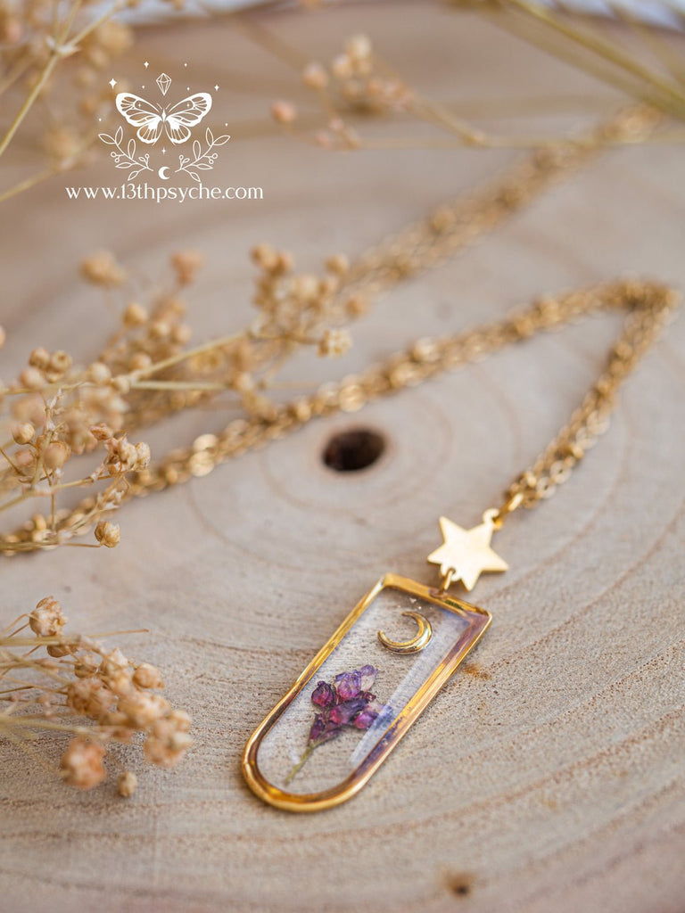 Handmade Moon and pink dried flower resin pendant necklace - 13th Psyche
