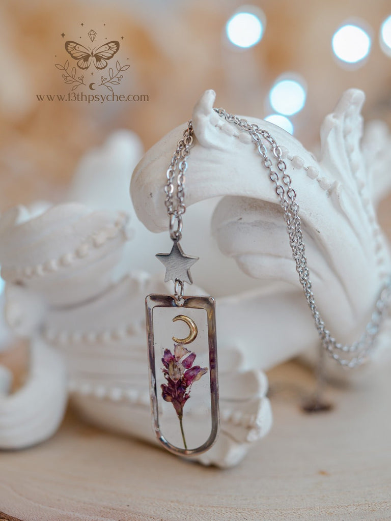 Handmade Moon and pink dried flower resin pendant necklace - 13th Psyche