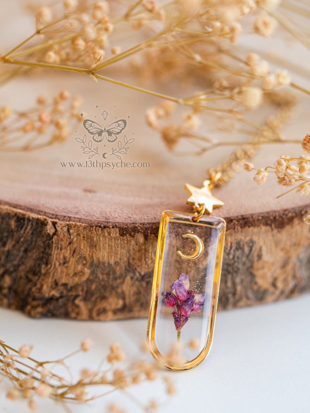 Handmade Moon and pink dried flower resin pendant necklace - 13th Psyche