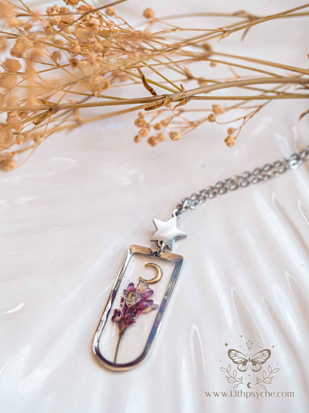 Handmade Moon and pink dried flower resin pendant necklace - 13th Psyche