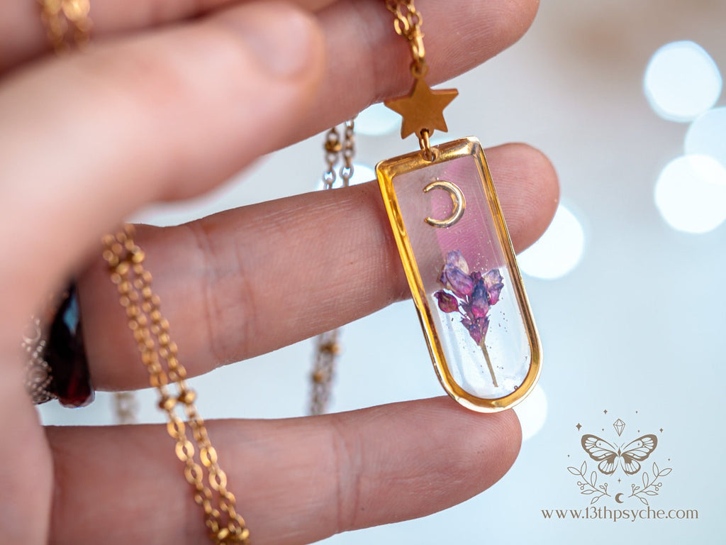 Handmade Moon and pink dried flower resin pendant necklace - 13th Psyche