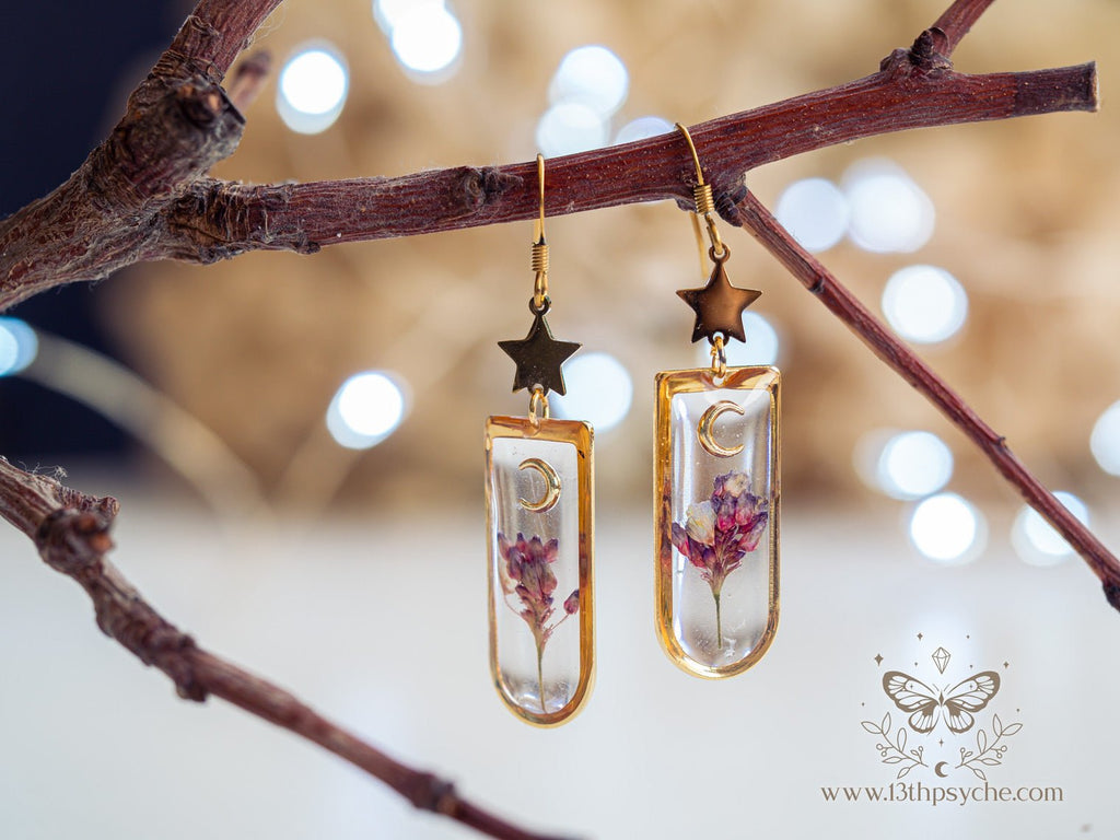 Handmade Moon and Pink pressed flower resin earrings - 13th Psyche