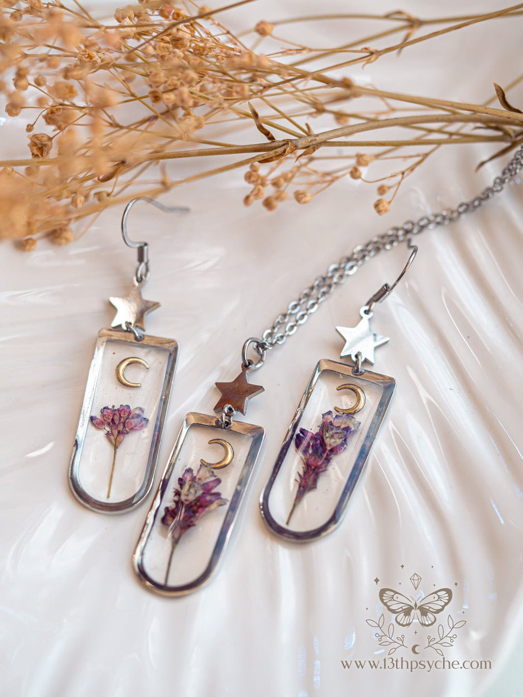 Handmade Moon and Pink pressed flower resin earrings - 13th Psyche