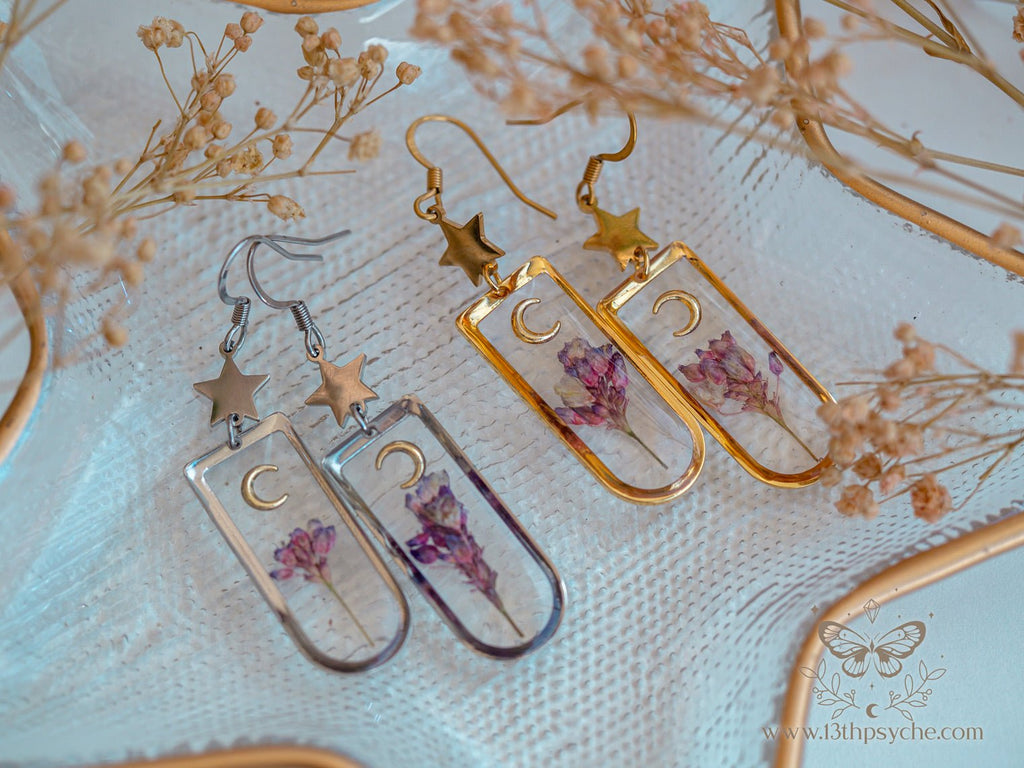 Handmade Moon and Pink pressed flower resin earrings - 13th Psyche