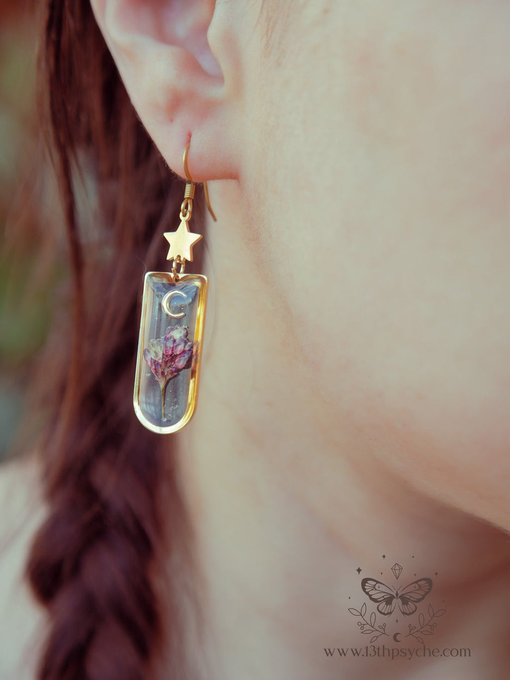 Handmade Moon and Pink pressed flower resin earrings - 13th Psyche