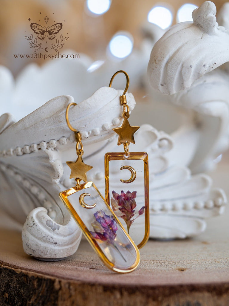 Moon and Pink pressed flower resin earrings 13th Psyche
